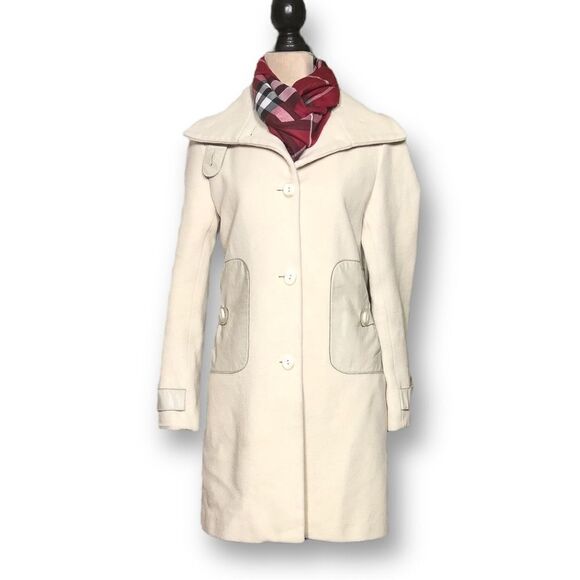 Mackage Wool Mid Length Cream Coloured Pea Coat with Leather Accents, Medium - Picture 2 of 14